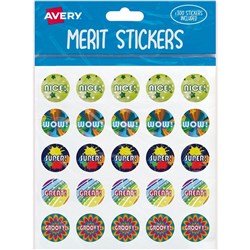 Avery Merit Stickers Caption 3 Round 22mm 5 Designs Assorted Colours 300 Stickers