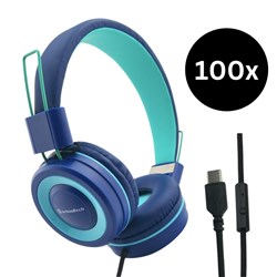 SchoolTech Extra Sturdy Headphones USB-C Teal And Navy Pack Of 100