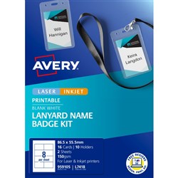 Avery Lanyard Name Badge Kit + Lanyards+Holders White L7418 86.5 x 55.5mm 8UP 16 Labels